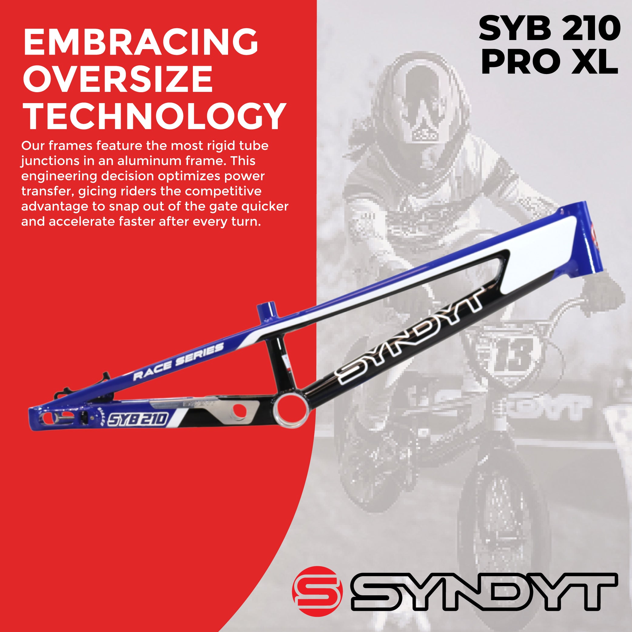 Syndyt 210 Pro XL BMX Racing Bike Frame – 21.” Top Tube, 6061-T6 Aluminum (4.05 lbs), Tapered 42/52 Head Tube, B52 Tech BB, 10/15/20mm Hubs, 140mm Disc Brake,  Chain Tensioners – Blue Bicycle Frame