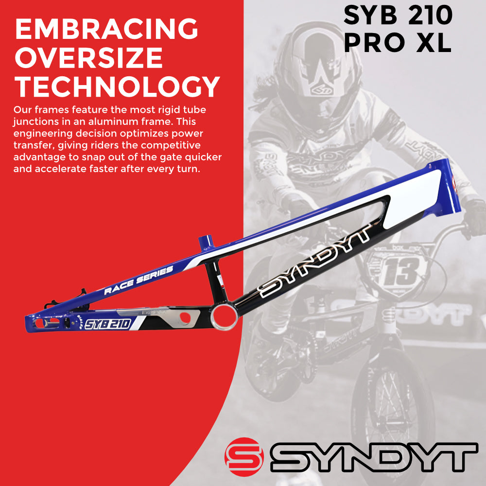 Syndyt 210 Pro XL BMX Racing Bike Frame – 21.” Top Tube, 6061-T6 Aluminum (4.05 lbs), Tapered 42/52 Head Tube, B52 Tech BB, 10/15/20mm Hubs, 140mm Disc Brake,  Chain Tensioners – Blue Bicycle Frame