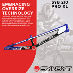 Syndyt 210 Pro XL BMX Racing Bike Frame – 21.” Top Tube, 6061-T6 Aluminum (4.05 lbs), Tapered 42/52 Head Tube, B52 Tech BB, 10/15/20mm Hubs, 140mm Disc Brake,  Chain Tensioners – Blue Bicycle Frame