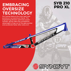 Syndyt 210 Pro XL BMX Racing Bike Frame – 21.” Top Tube, 6061-T6 Aluminum (4.05 lbs), Tapered 42/52 Head Tube, B52 Tech BB, 10/15/20mm Hubs, 140mm Disc Brake,  Chain Tensioners – Blue Bicycle Frame