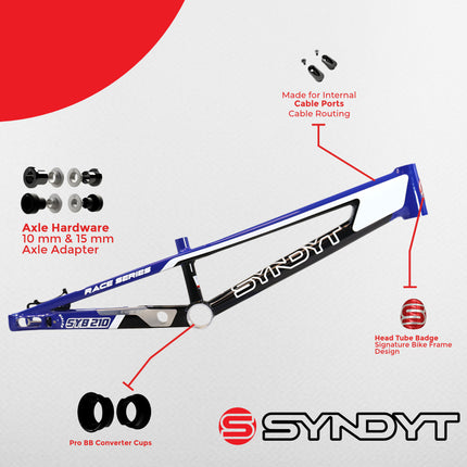 Syndyt 210 Pro XL BMX Racing Bike Frame – 21.” Top Tube, 6061-T6 Aluminum (4.05 lbs), Tapered 42/52 Head Tube, B52 Tech BB, 10/15/20mm Hubs, 140mm Disc Brake,  Chain Tensioners – Blue Bicycle Frame