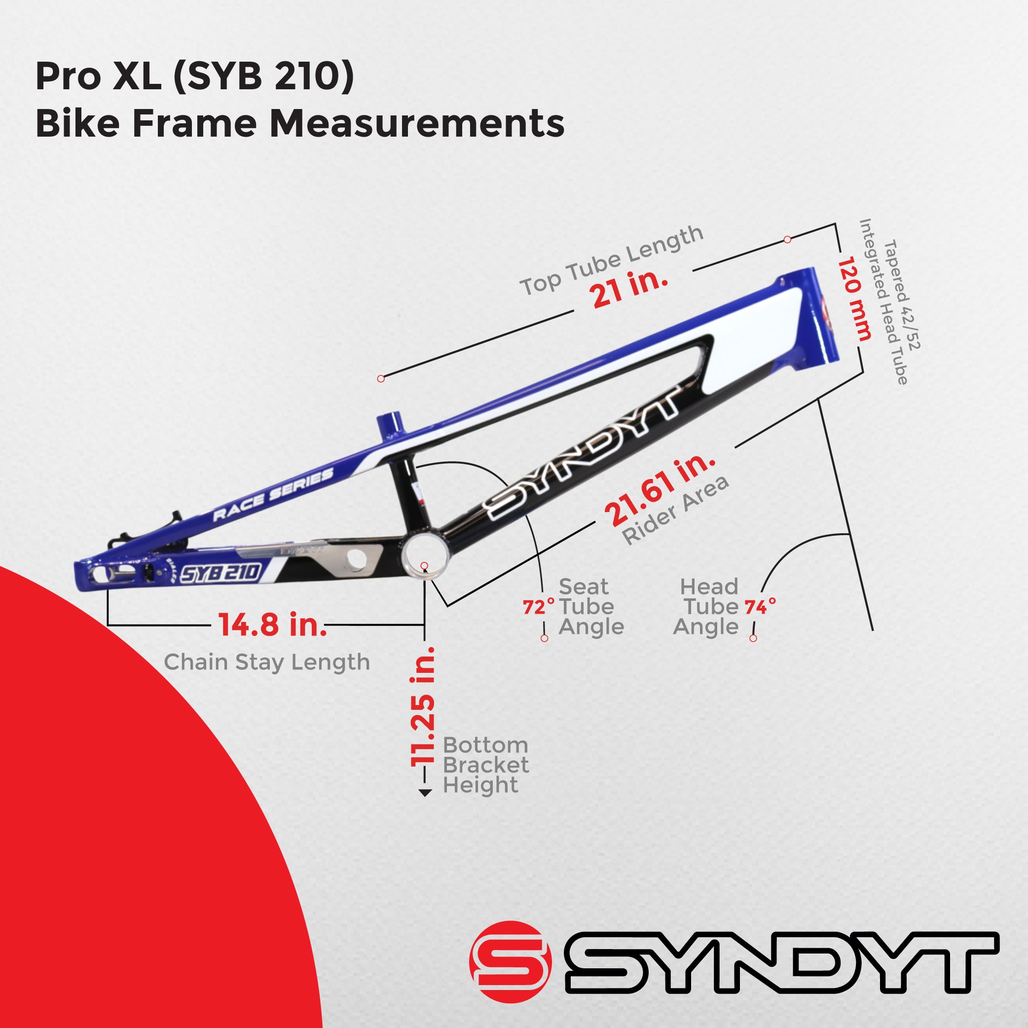 Syndyt 210 Pro XL BMX Racing Bike Frame – 21.” Top Tube, 6061-T6 Aluminum (4.05 lbs), Tapered 42/52 Head Tube, B52 Tech BB, 10/15/20mm Hubs, 140mm Disc Brake,  Chain Tensioners – Blue Bicycle Frame