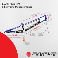 Syndyt 210 Pro XL BMX Racing Bike Frame – 21.” Top Tube, 6061-T6 Aluminum (4.05 lbs), Tapered 42/52 Head Tube, B52 Tech BB, 10/15/20mm Hubs, 140mm Disc Brake,  Chain Tensioners – Blue Bicycle Frame