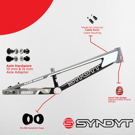 Syndyt 210 Pro XL BMX Racing Bike Frame – 21.” Top Tube, 6061-T6 Aluminum (4.05 lbs), Tapered 42/52 Head Tube, B52 Tech BB, 10/15/20mm Hubs, 140mm Disc Brake,  Chain Tensioners –Gray  Bicycle Frame