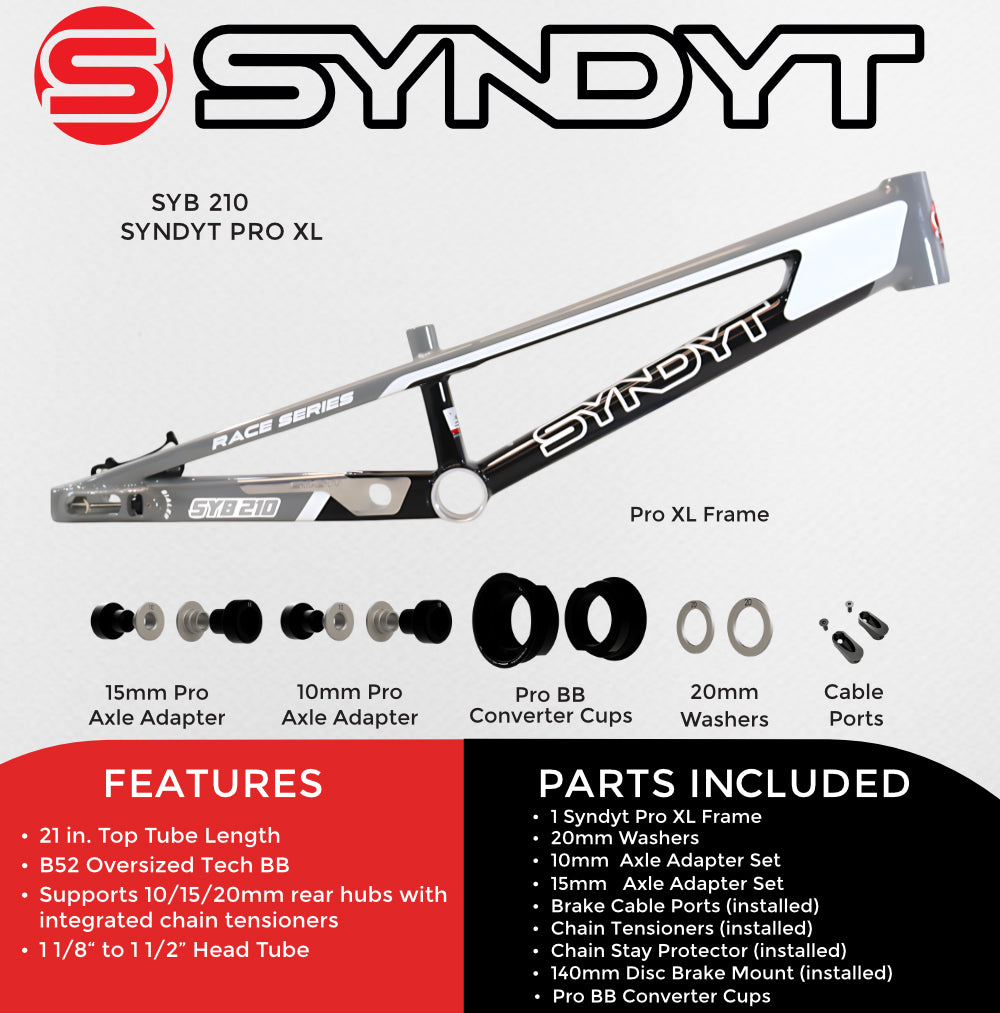 Syndyt 210 Pro XL BMX Racing Bike Frame – 21.” Top Tube, 6061-T6 Aluminum (4.05 lbs), Tapered 42/52 Head Tube, B52 Tech BB, 10/15/20mm Hubs, 140mm Disc Brake,  Chain Tensioners –Gray  Bicycle Frame