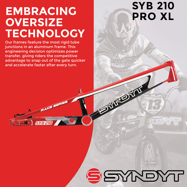 Syndyt 210 Pro XL BMX Racing Bike Frame – 21” Top Tube, 6061-T6 Aluminum (4.05 lbs), Tapered 42/52 Head Tube, B52 Tech BB, 10/15/20mm Hubs, 140mm Disc Brake,  Chain Tensioners – Red Bicycle Frame