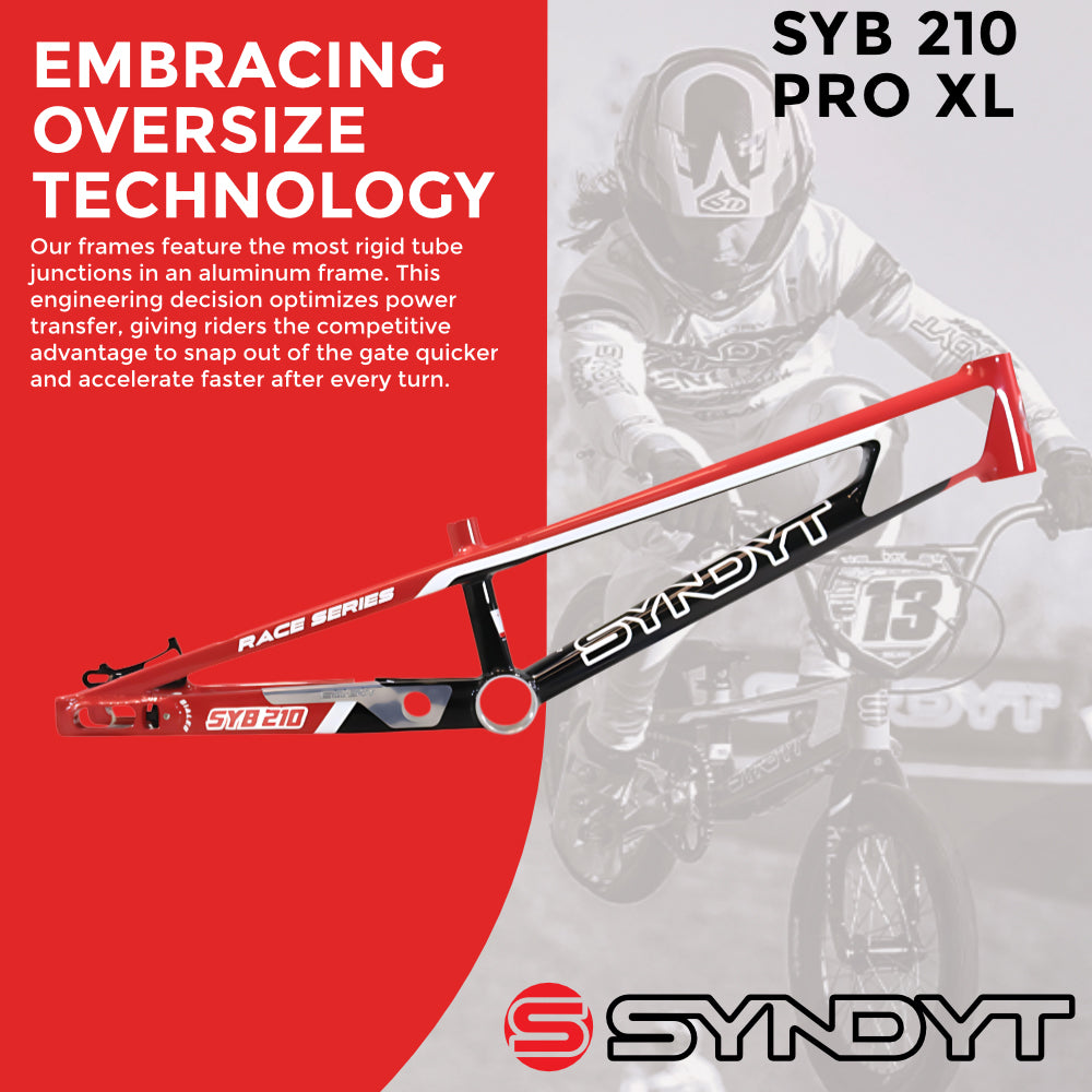 Syndyt 210 Pro XL BMX Racing Bike Frame – 21” Top Tube, 6061-T6 Aluminum (4.05 lbs), Tapered 42/52 Head Tube, B52 Tech BB, 10/15/20mm Hubs, 140mm Disc Brake,  Chain Tensioners – Red Bicycle Frame