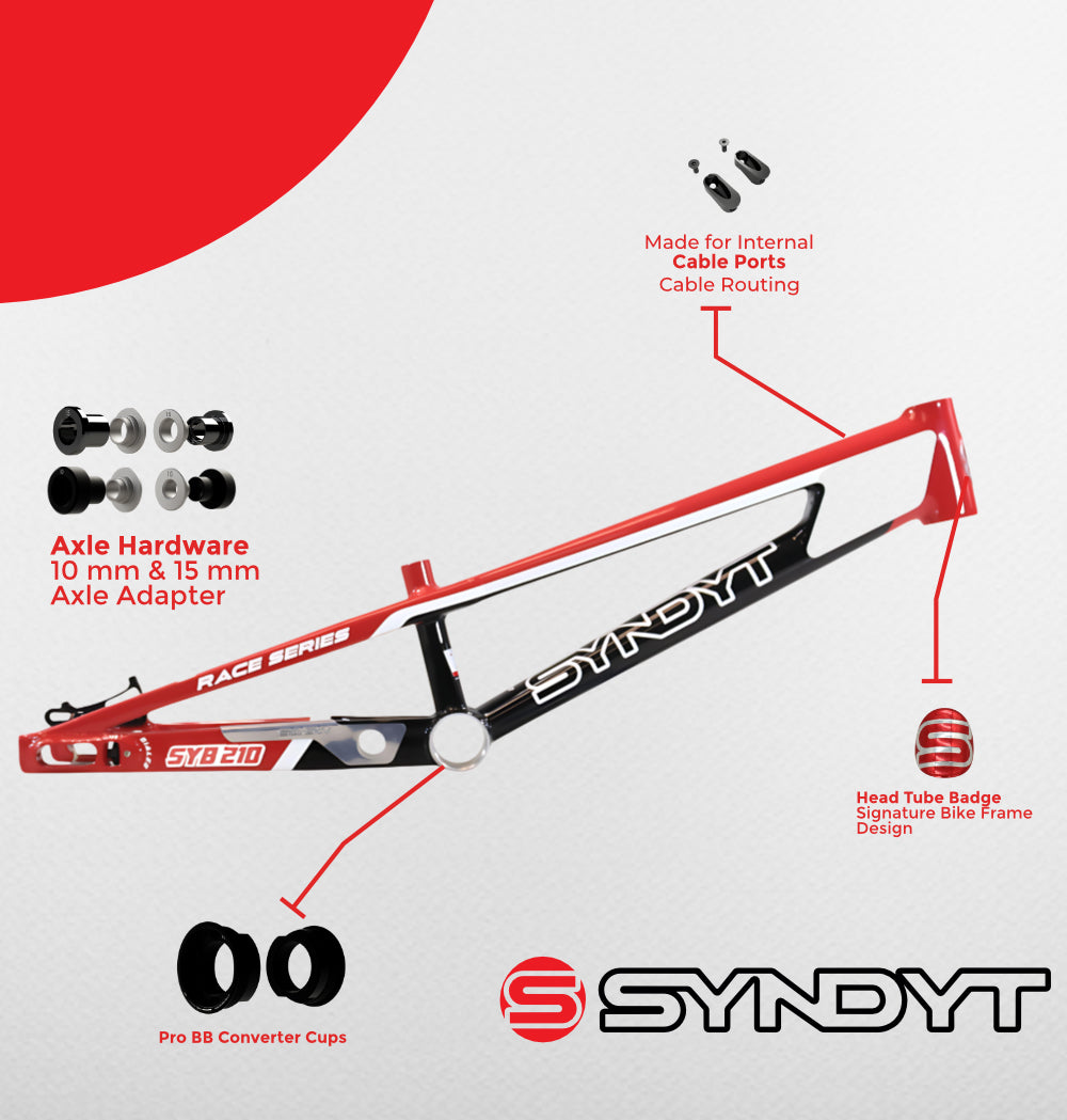 Syndyt 210 Pro XL BMX Racing Bike Frame – 21” Top Tube, 6061-T6 Aluminum (4.05 lbs), Tapered 42/52 Head Tube, B52 Tech BB, 10/15/20mm Hubs, 140mm Disc Brake,  Chain Tensioners – Red Bicycle Frame