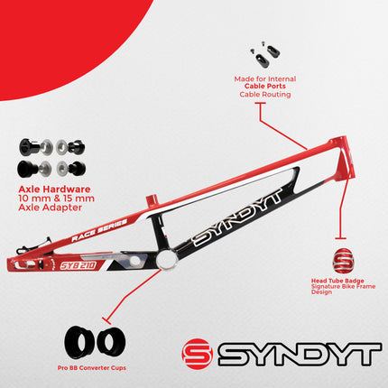 Syndyt 210 Pro XL BMX Racing Bike Frame – 21” Top Tube, 6061-T6 Aluminum (4.05 lbs), Tapered 42/52 Head Tube, B52 Tech BB, 10/15/20mm Hubs, 140mm Disc Brake,  Chain Tensioners – Red Bicycle Frame