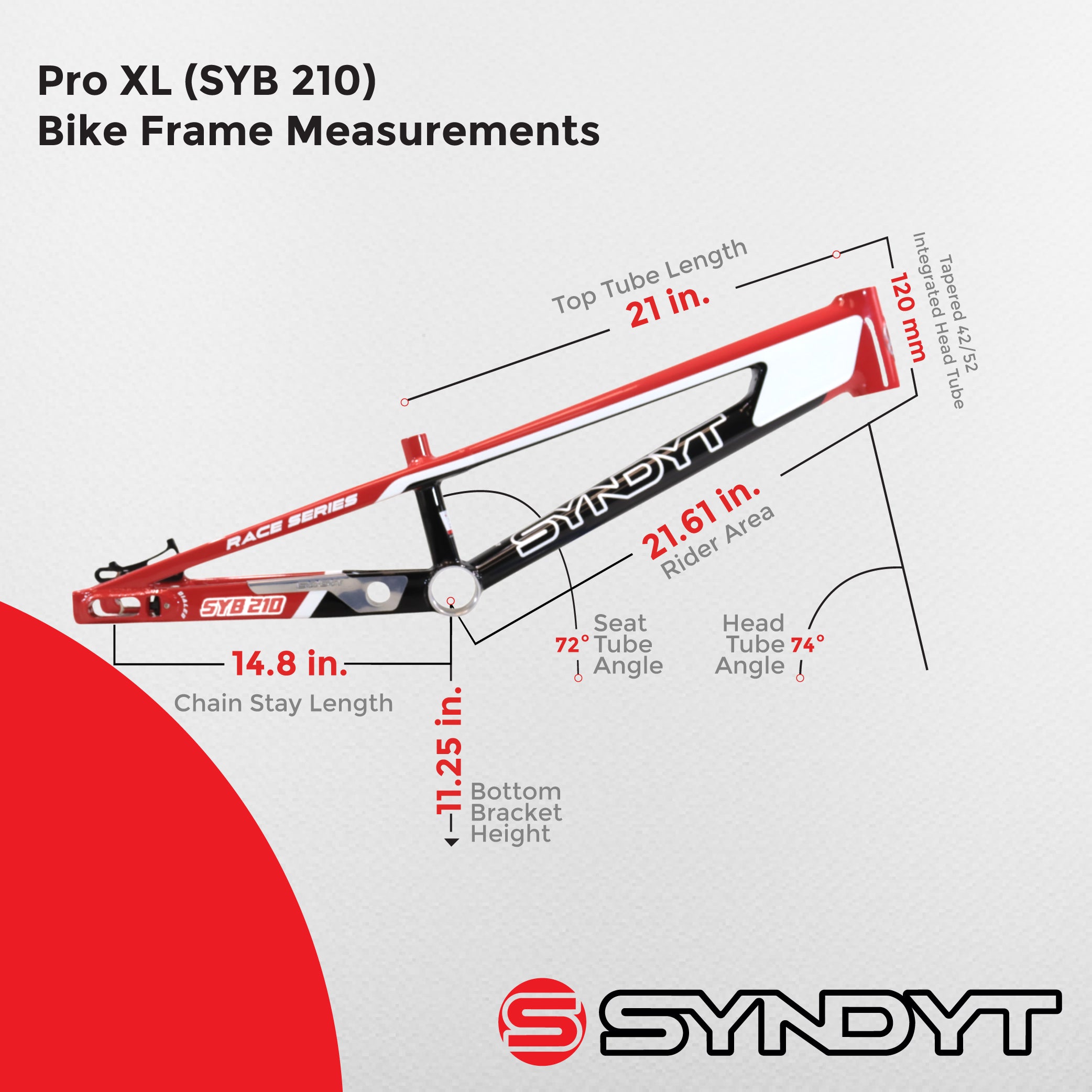Syndyt 210 Pro XL BMX Racing Bike Frame – 21” Top Tube, 6061-T6 Aluminum (4.05 lbs), Tapered 42/52 Head Tube, B52 Tech BB, 10/15/20mm Hubs, 140mm Disc Brake,  Chain Tensioners – Red Bicycle Frame