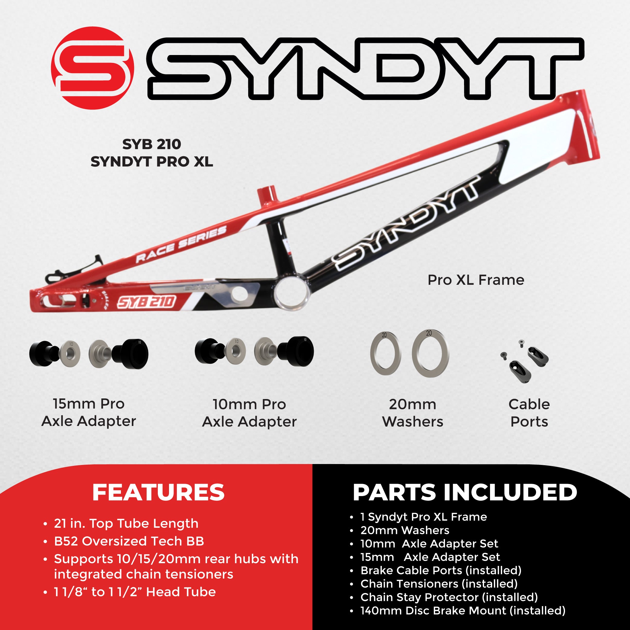 Syndyt 210 Pro XL BMX Racing Bike Frame – 21” Top Tube, 6061-T6 Aluminum (4.05 lbs), Tapered 42/52 Head Tube, B52 Tech BB, 10/15/20mm Hubs, 140mm Disc Brake,  Chain Tensioners – Red Bicycle Frame
