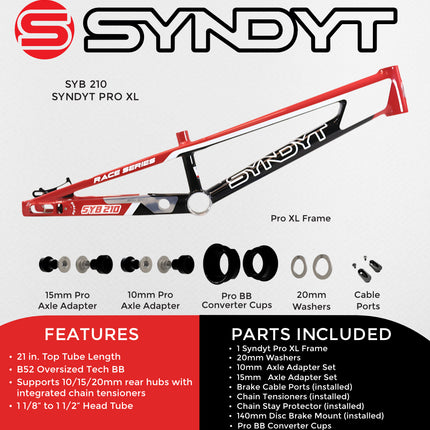 Syndyt 210 Pro XL BMX Racing Bike Frame – 21” Top Tube, 6061-T6 Aluminum (4.05 lbs), Tapered 42/52 Head Tube, B52 Tech BB, 10/15/20mm Hubs, 140mm Disc Brake,  Chain Tensioners – Red Bicycle Frame