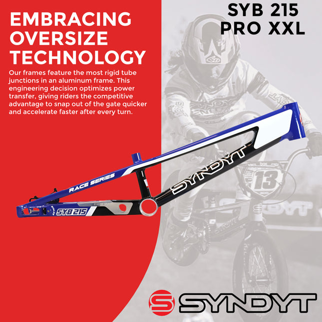 Syndyt 215 Pro 2XL BMX Racing Bike Frame – 21.5” Top Tube, 6061-T6 Aluminum (4.1 lbs), Tapered 42/52 Head Tube, B52 Tech BB, 10/15/20mm Hubs, 140mm Disc Brake,  Chain Tensioners – Blue Bicycle Frame