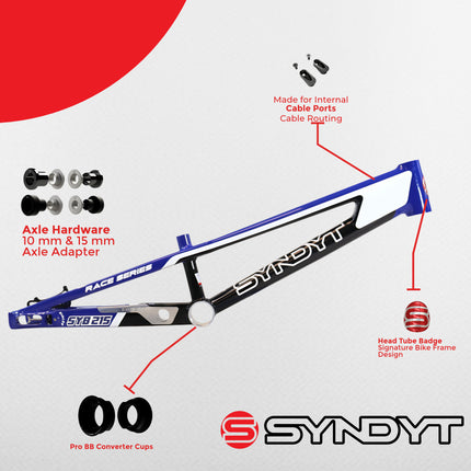 Syndyt 215 Pro 2XL BMX Racing Bike Frame – 21.5” Top Tube, 6061-T6 Aluminum (4.1 lbs), Tapered 42/52 Head Tube, B52 Tech BB, 10/15/20mm Hubs, 140mm Disc Brake,  Chain Tensioners – Blue Bicycle Frame
