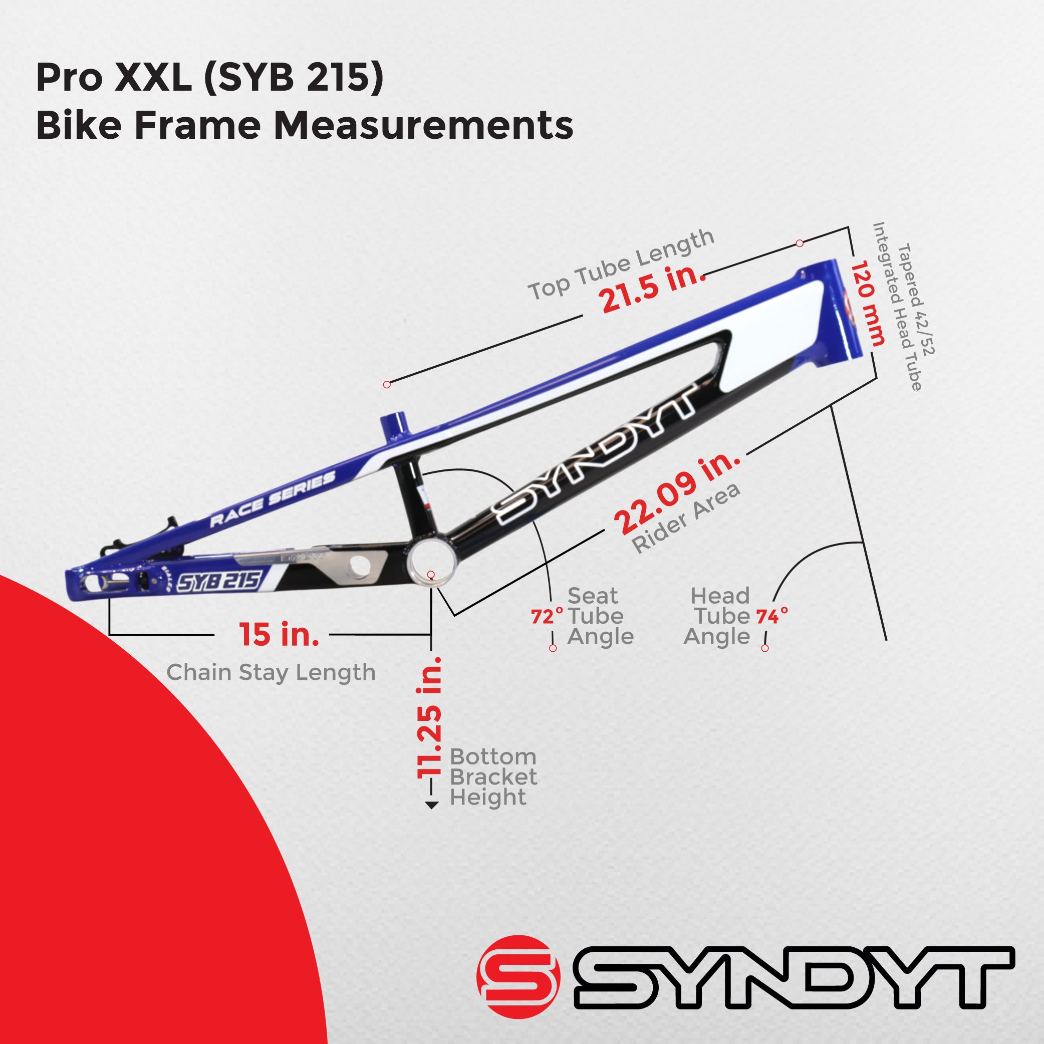 Syndyt 215 Pro 2XL BMX Racing Bike Frame – 21.5” Top Tube, 6061-T6 Aluminum (4.1 lbs), Tapered 42/52 Head Tube, B52 Tech BB, 10/15/20mm Hubs, 140mm Disc Brake,  Chain Tensioners – Blue Bicycle Frame