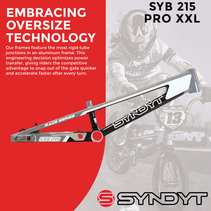 Syndyt 215 Pro 2XL BMX Racing Bike Frame – 21.5” Top Tube, 6061-T6 Aluminum (4.1 lbs), Tapered 42/52 Head Tube, B52 Tech BB, 10/15/20mm Hubs, 140mm Disc Brake,  Chain Tensioners – Gray Bicycle Frame