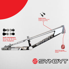 Syndyt 215 Pro 2XL BMX Racing Bike Frame – 21.5” Top Tube, 6061-T6 Aluminum (4.1 lbs), Tapered 42/52 Head Tube, B52 Tech BB, 10/15/20mm Hubs, 140mm Disc Brake,  Chain Tensioners – Gray Bicycle Frame