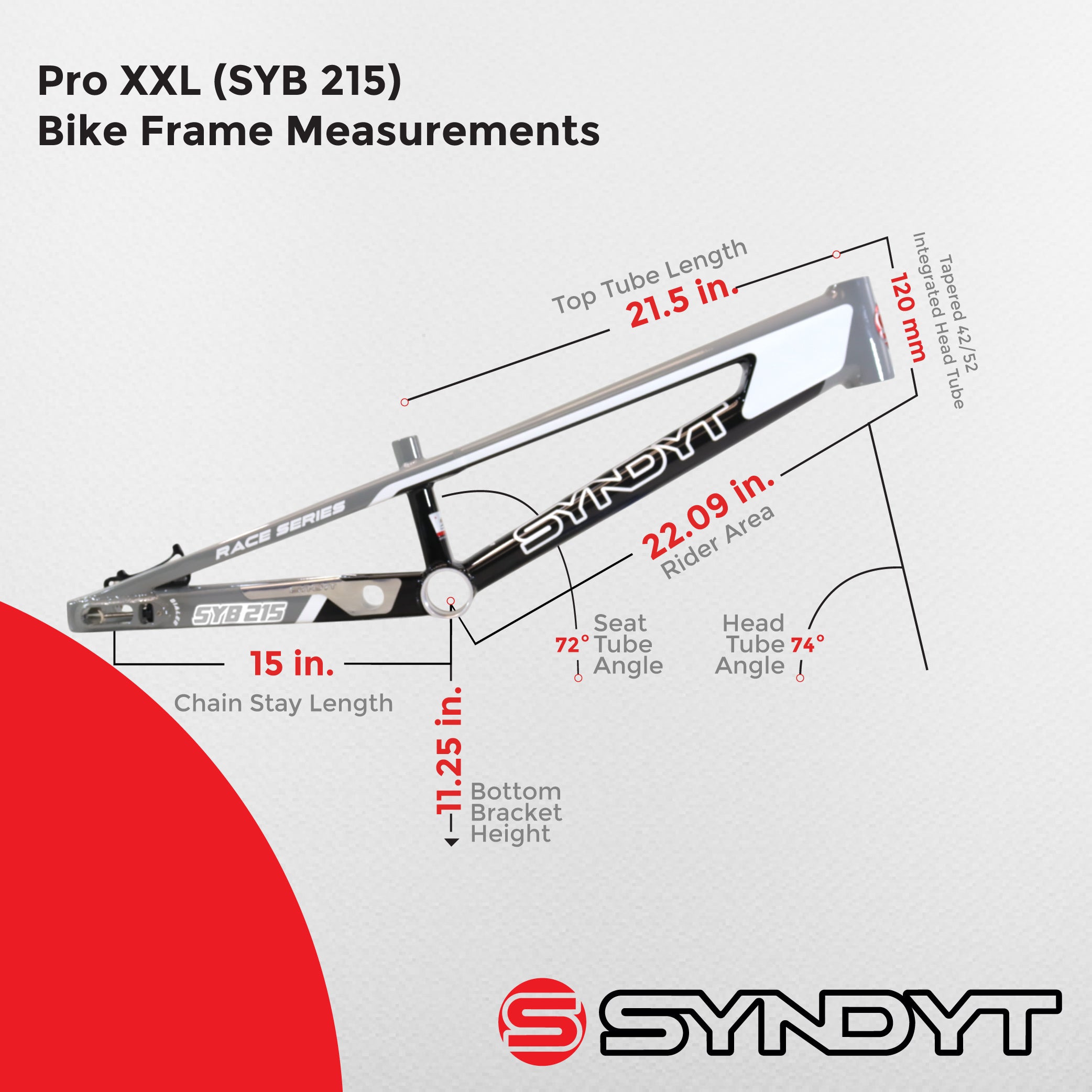 Syndyt 215 Pro 2XL BMX Racing Bike Frame – 21.5” Top Tube, 6061-T6 Aluminum (4.1 lbs), Tapered 42/52 Head Tube, B52 Tech BB, 10/15/20mm Hubs, 140mm Disc Brake,  Chain Tensioners – Gray Bicycle Frame