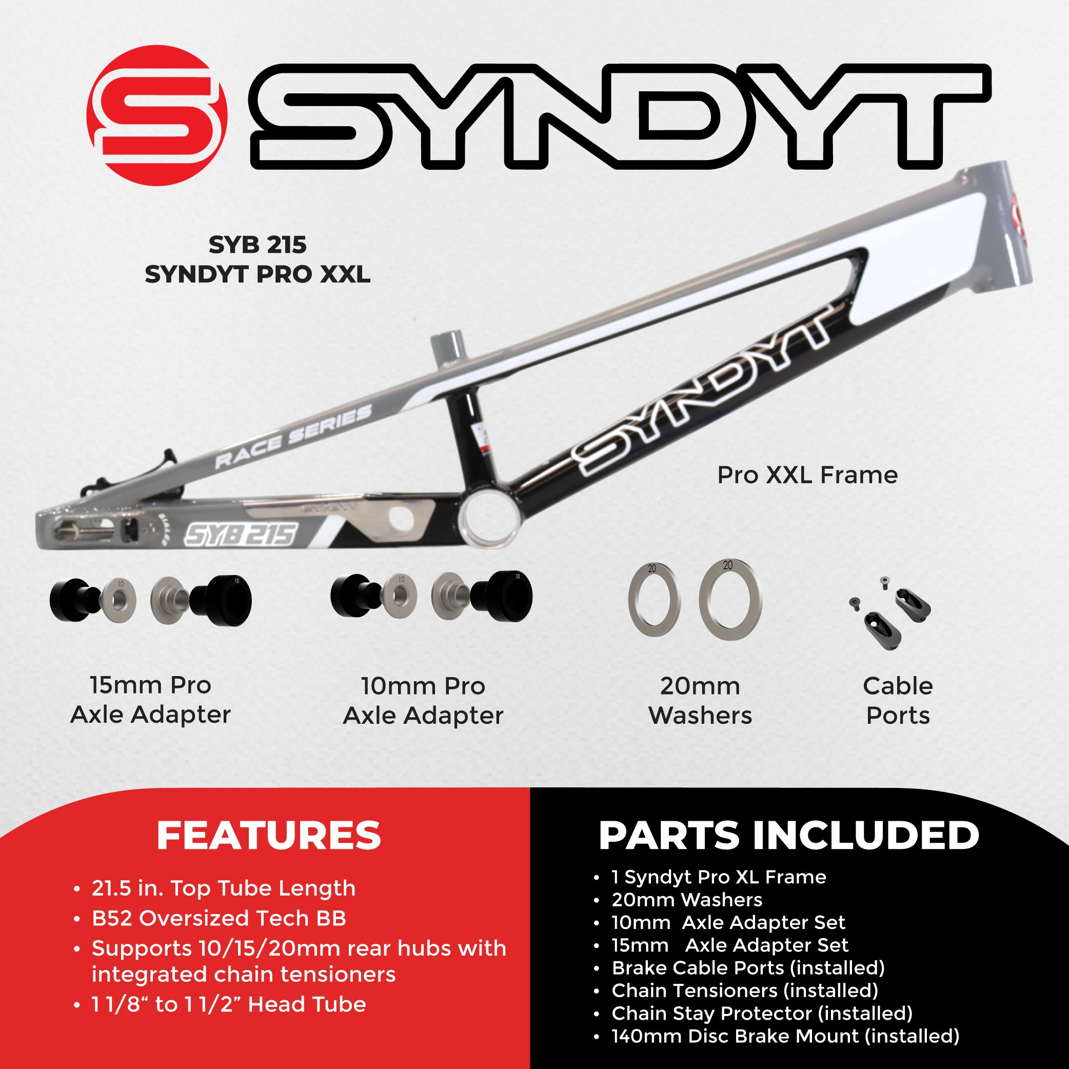 Syndyt 215 Pro 2XL BMX Racing Bike Frame – 21.5” Top Tube, 6061-T6 Aluminum (4.1 lbs), Tapered 42/52 Head Tube, B52 Tech BB, 10/15/20mm Hubs, 140mm Disc Brake,  Chain Tensioners – Gray Bicycle Frame