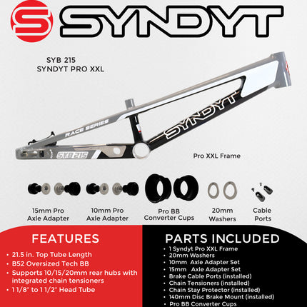 Syndyt 215 Pro 2XL BMX Racing Bike Frame – 21.5” Top Tube, 6061-T6 Aluminum (4.1 lbs), Tapered 42/52 Head Tube, B52 Tech BB, 10/15/20mm Hubs, 140mm Disc Brake,  Chain Tensioners – Gray Bicycle Frame