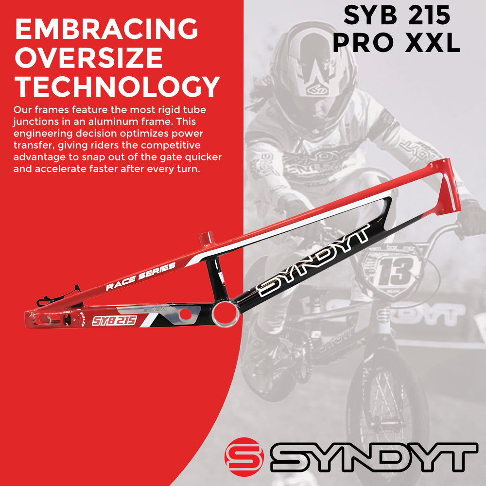 Syndyt 215 Pro 2XL BMX Racing Bike Frame – 21.5” Top Tube, 6061-T6 Aluminum (4.1 lbs), Tapered 42/52 Head Tube, B52 Tech BB, 10/15/20mm Hubs, 140mm Disc Brake,  Chain Tensioners – Red Bicycle Frame