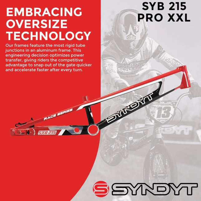 Syndyt 215 Pro 2XL BMX Racing Bike Frame – 21.5” Top Tube, 6061-T6 Aluminum (4.1 lbs), Tapered 42/52 Head Tube, B52 Tech BB, 10/15/20mm Hubs, 140mm Disc Brake,  Chain Tensioners – Red Bicycle Frame