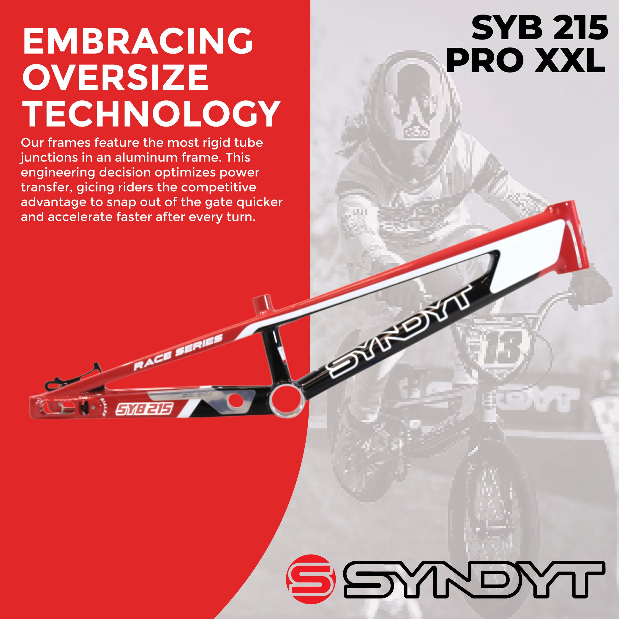 Syndyt 215 Pro 2XL BMX Racing Bike Frame – 21.5” Top Tube, 6061-T6 Aluminum (4.1 lbs), Tapered 42/52 Head Tube, B52 Tech BB, 10/15/20mm Hubs, 140mm Disc Brake,  Chain Tensioners – Red Bicycle Frame