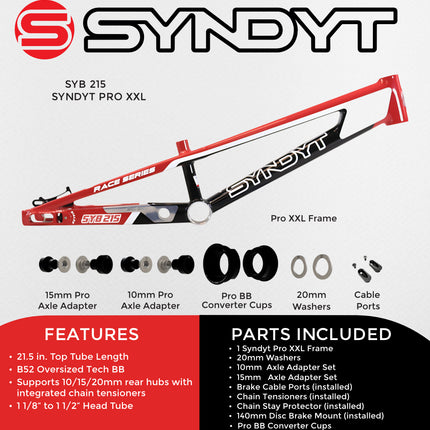 Syndyt 215 Pro 2XL BMX Racing Bike Frame – 21.5” Top Tube, 6061-T6 Aluminum (4.1 lbs), Tapered 42/52 Head Tube, B52 Tech BB, 10/15/20mm Hubs, 140mm Disc Brake,  Chain Tensioners – Red Bicycle Frame