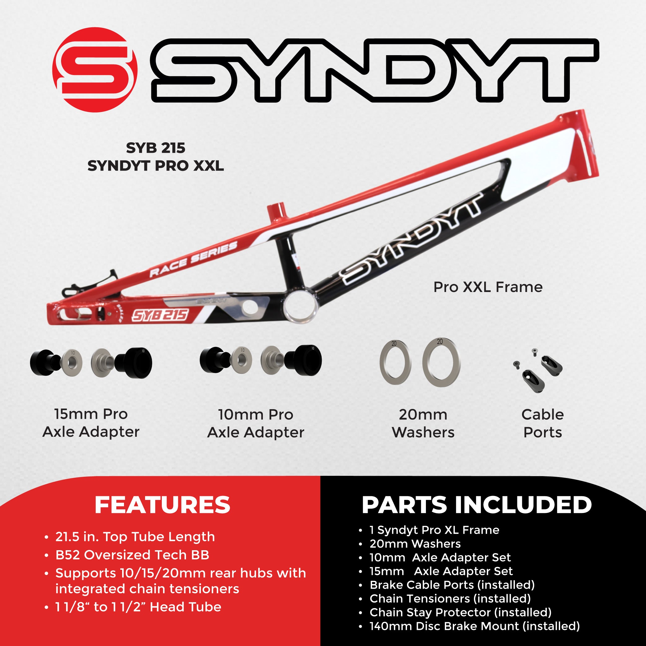 Syndyt 215 Pro 2XL BMX Racing Bike Frame – 21.5” Top Tube, 6061-T6 Aluminum (4.1 lbs), Tapered 42/52 Head Tube, B52 Tech BB, 10/15/20mm Hubs, 140mm Disc Brake,  Chain Tensioners – Red Bicycle Frame