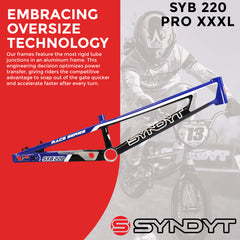 Syndyt 220 Pro 3XL BMX Racing Bike Frame – 22” Top Tube, 6061-T6 Aluminum (4.15 lbs), Tapered 42/52 Head Tube, B52 Tech BB, 10/15/20mm Hubs, 140mm Disc Brake,  Chain Tensioners – Blue Bicycle Frame