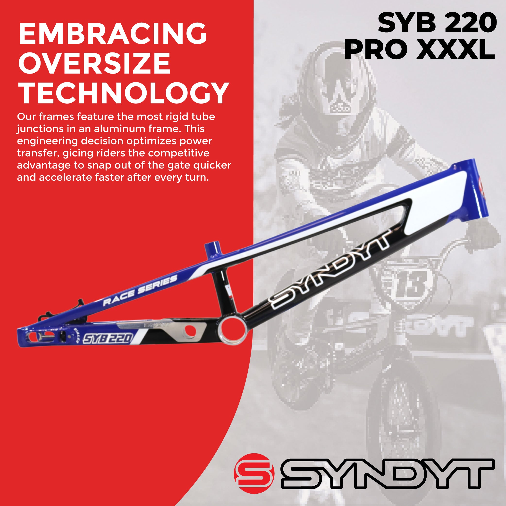 Syndyt 220 Pro 3XL BMX Racing Bike Frame – 22” Top Tube, 6061-T6 Aluminum (4.15 lbs), Tapered 42/52 Head Tube, B52 Tech BB, 10/15/20mm Hubs, 140mm Disc Brake,  Chain Tensioners – Blue Bicycle Frame