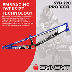 Syndyt 220 Pro 3XL BMX Racing Bike Frame – 22” Top Tube, 6061-T6 Aluminum (4.15 lbs), Tapered 42/52 Head Tube, B52 Tech BB, 10/15/20mm Hubs, 140mm Disc Brake,  Chain Tensioners – Blue Bicycle Frame
