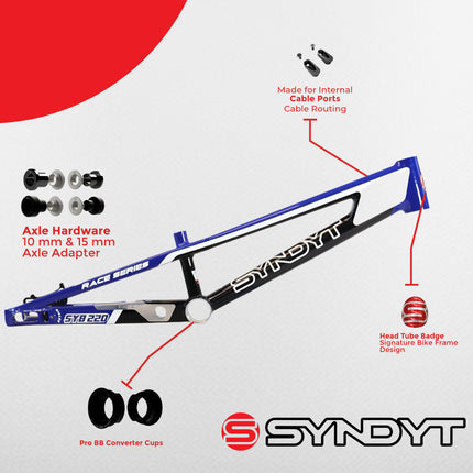 Syndyt 220 Pro 3XL BMX Racing Bike Frame – 22” Top Tube, 6061-T6 Aluminum (4.15 lbs), Tapered 42/52 Head Tube, B52 Tech BB, 10/15/20mm Hubs, 140mm Disc Brake,  Chain Tensioners – Blue Bicycle Frame