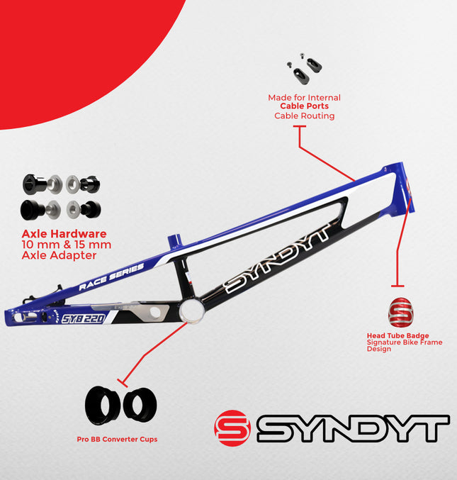 Syndyt 220 Pro 3XL BMX Racing Bike Frame – 22” Top Tube, 6061-T6 Aluminum (4.15 lbs), Tapered 42/52 Head Tube, B52 Tech BB, 10/15/20mm Hubs, 140mm Disc Brake,  Chain Tensioners – Blue Bicycle Frame