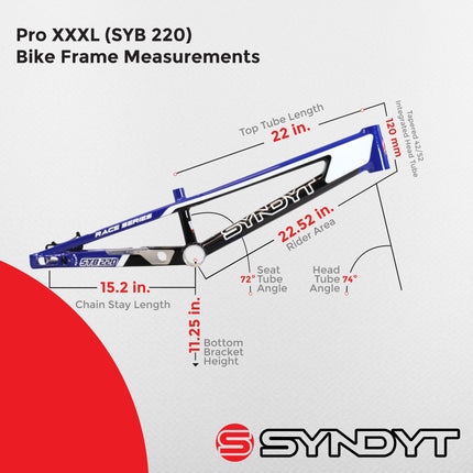 Syndyt 220 Pro 3XL BMX Racing Bike Frame – 22” Top Tube, 6061-T6 Aluminum (4.15 lbs), Tapered 42/52 Head Tube, B52 Tech BB, 10/15/20mm Hubs, 140mm Disc Brake,  Chain Tensioners – Blue Bicycle Frame