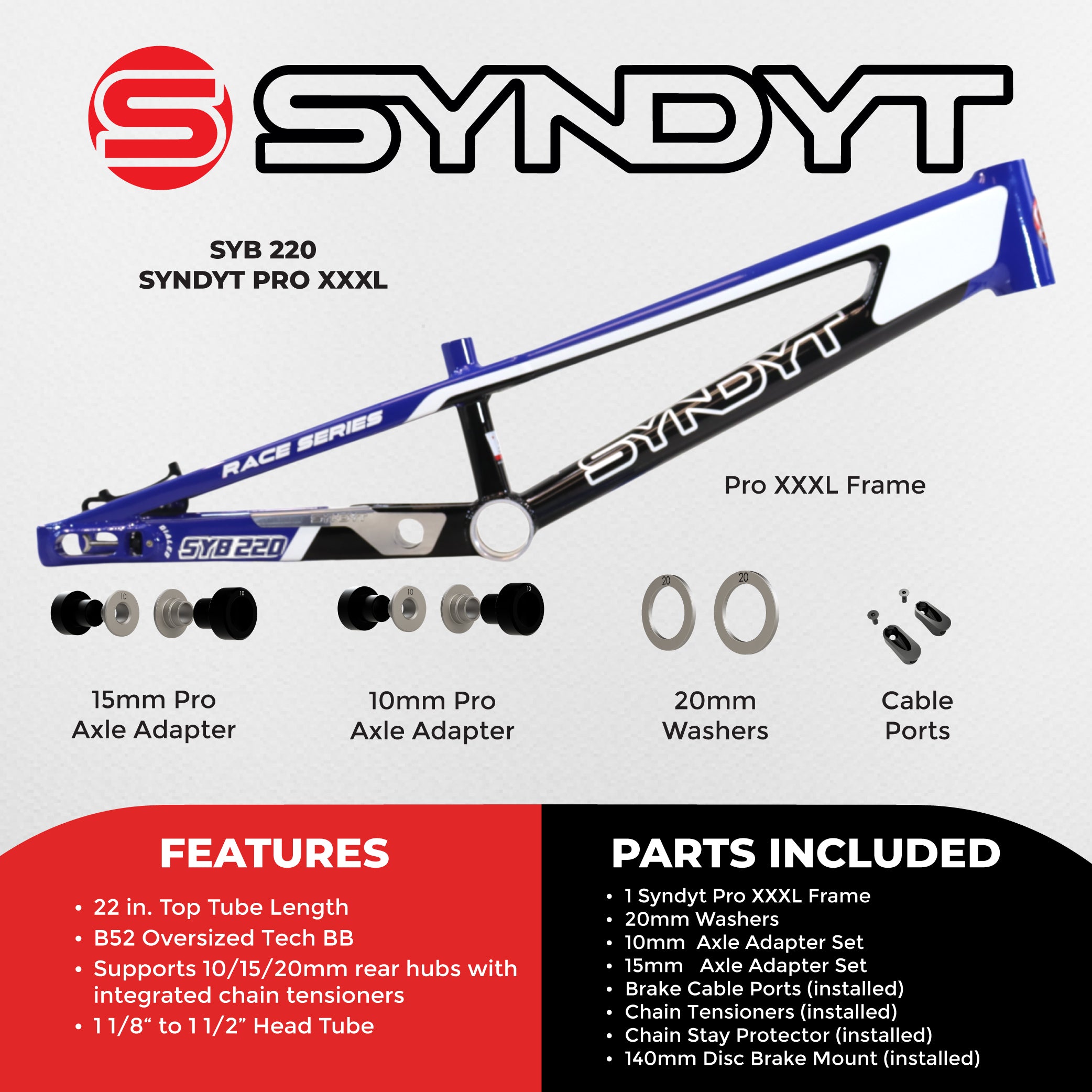 Syndyt 220 Pro 3XL BMX Racing Bike Frame – 22” Top Tube, 6061-T6 Aluminum (4.15 lbs), Tapered 42/52 Head Tube, B52 Tech BB, 10/15/20mm Hubs, 140mm Disc Brake,  Chain Tensioners – Blue Bicycle Frame
