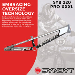 Syndyt 220 Pro 3XL BMX Racing Bike Frame – 22” Top Tube, 6061-T6 Aluminum (4.15 lbs), Tapered 42/52 Head Tube, B52 Tech BB, 10/15/20mm Hubs, 140mm Disc Brake,  Chain Tensioners – Gray Bicycle Frame