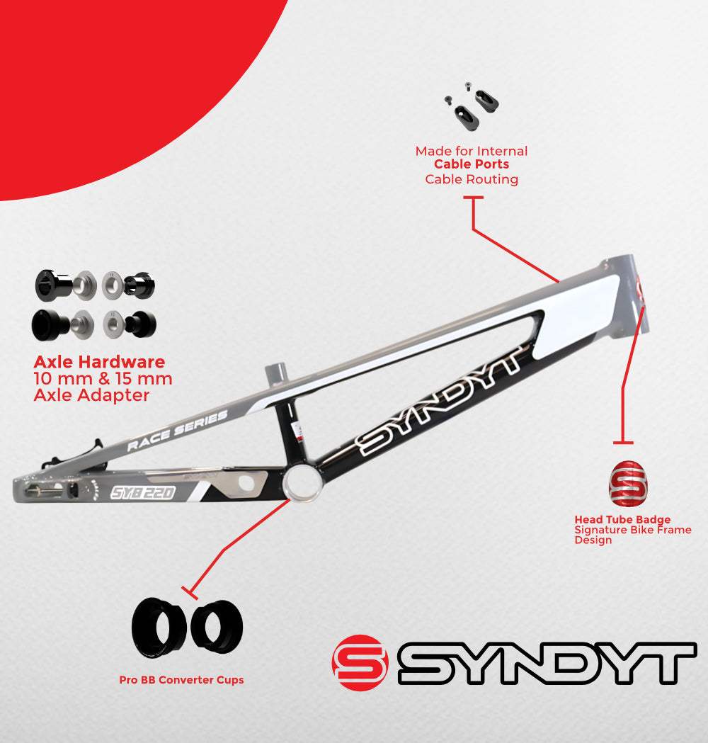 Syndyt 220 Pro 3XL BMX Racing Bike Frame – 22” Top Tube, 6061-T6 Aluminum (4.15 lbs), Tapered 42/52 Head Tube, B52 Tech BB, 10/15/20mm Hubs, 140mm Disc Brake,  Chain Tensioners – Gray Bicycle Frame