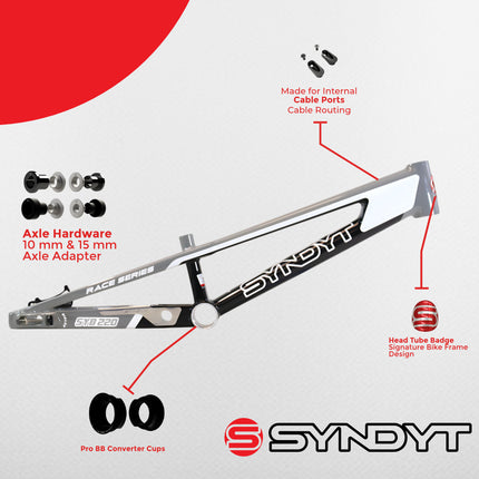 Syndyt 220 Pro 3XL BMX Racing Bike Frame – 22” Top Tube, 6061-T6 Aluminum (4.15 lbs), Tapered 42/52 Head Tube, B52 Tech BB, 10/15/20mm Hubs, 140mm Disc Brake,  Chain Tensioners – Gray Bicycle Frame