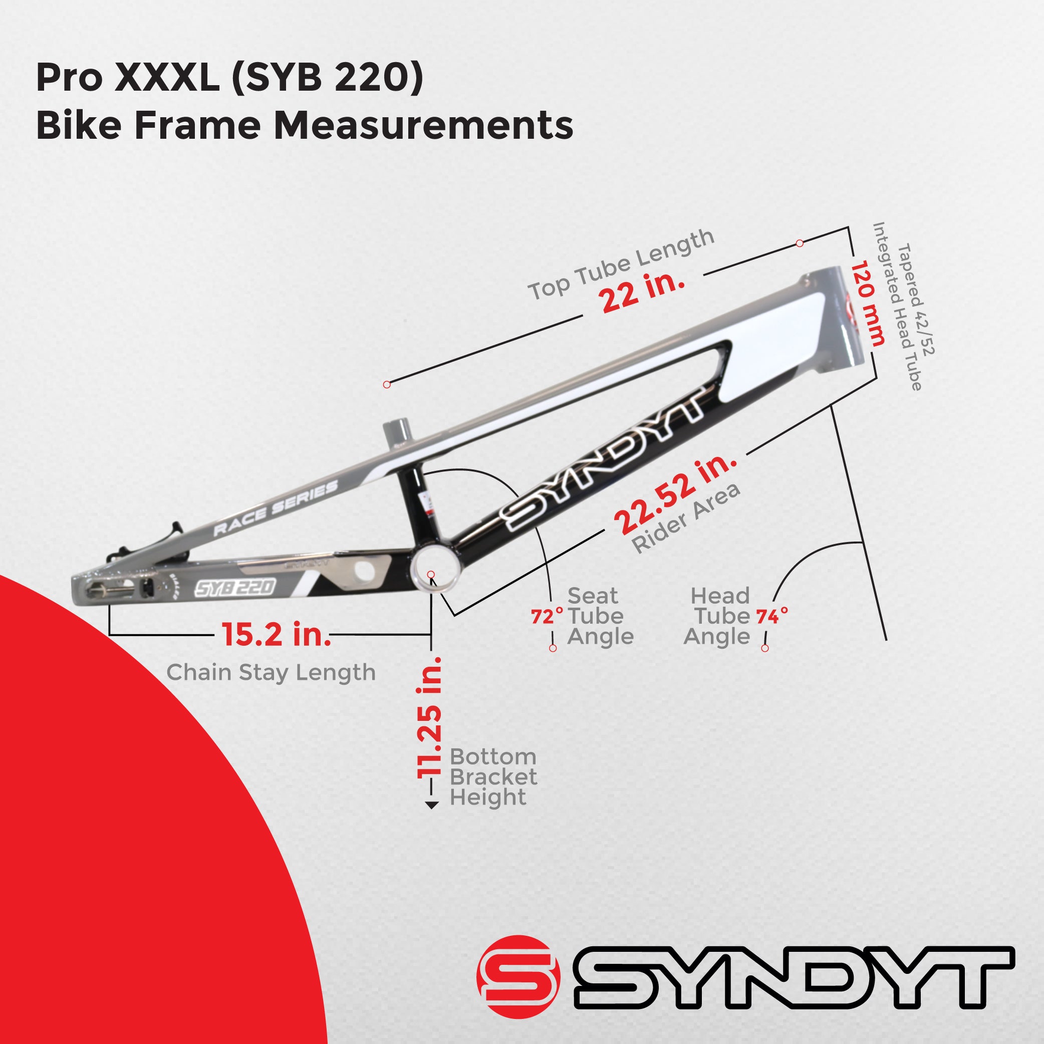 Syndyt 220 Pro 3XL BMX Racing Bike Frame – 22” Top Tube, 6061-T6 Aluminum (4.15 lbs), Tapered 42/52 Head Tube, B52 Tech BB, 10/15/20mm Hubs, 140mm Disc Brake,  Chain Tensioners – Gray Bicycle Frame