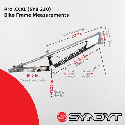 Syndyt 220 Pro 3XL BMX Racing Bike Frame – 22” Top Tube, 6061-T6 Aluminum (4.15 lbs), Tapered 42/52 Head Tube, B52 Tech BB, 10/15/20mm Hubs, 140mm Disc Brake,  Chain Tensioners – Gray Bicycle Frame