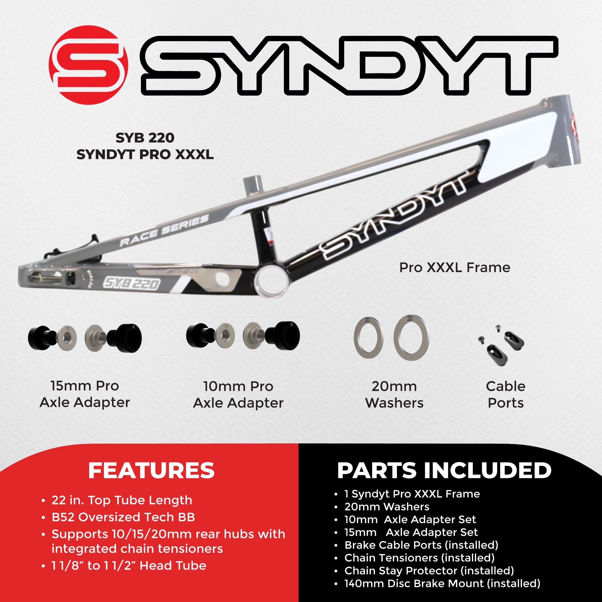 Syndyt 220 Pro 3XL BMX Racing Bike Frame – 22” Top Tube, 6061-T6 Aluminum (4.15 lbs), Tapered 42/52 Head Tube, B52 Tech BB, 10/15/20mm Hubs, 140mm Disc Brake,  Chain Tensioners – Gray Bicycle Frame