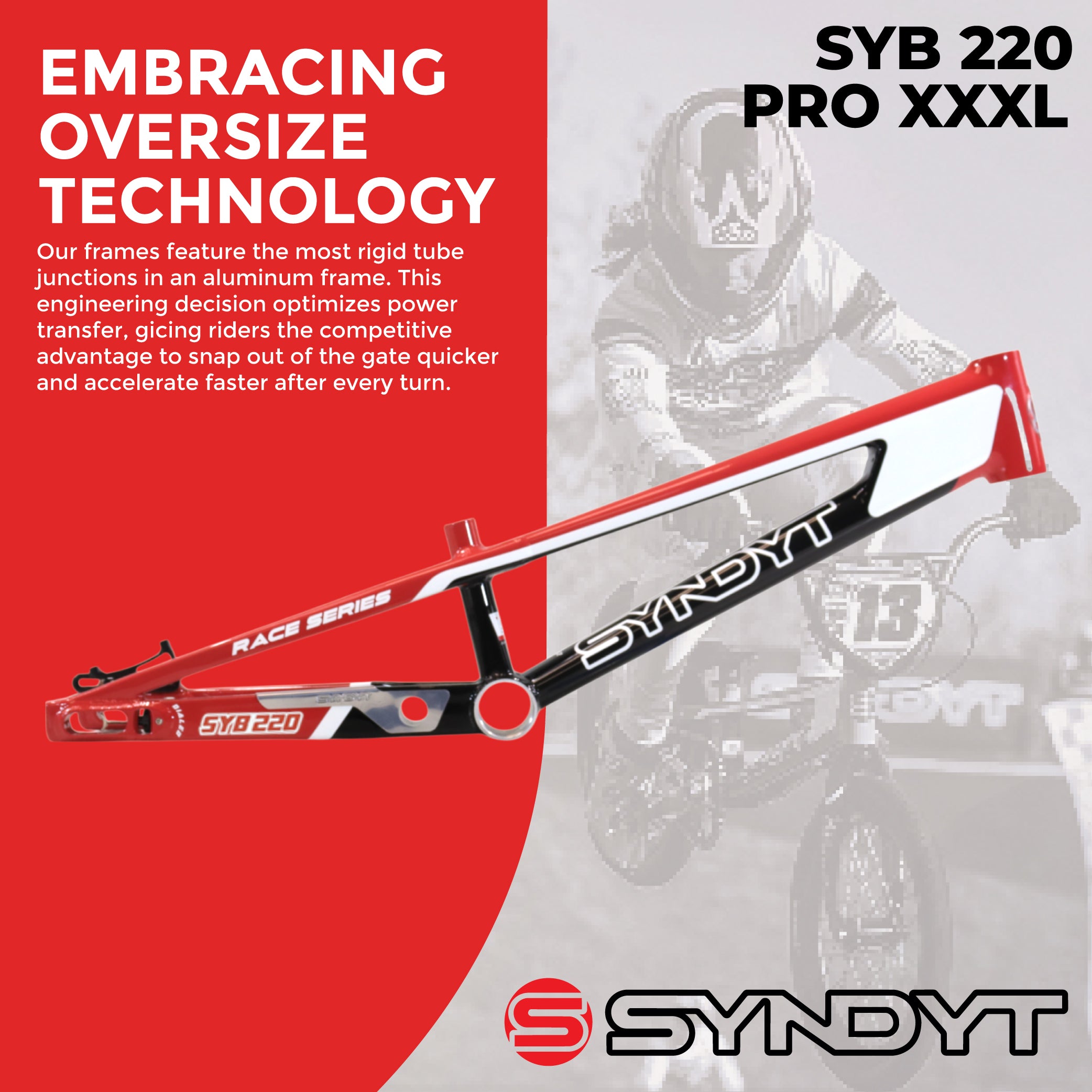 Syndyt 220 Pro 3XL BMX Racing Bike Frame – 22” Top Tube, 6061-T6 Aluminum (4.15 lbs), Tapered 42/52 Head Tube, B52 Tech BB, 10/15/20mm Hubs, 140mm Disc Brake,  Chain Tensioners – Red Bicycle Frame