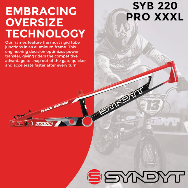 Syndyt 220 Pro 3XL BMX Racing Bike Frame – 22” Top Tube, 6061-T6 Aluminum (4.15 lbs), Tapered 42/52 Head Tube, B52 Tech BB, 10/15/20mm Hubs, 140mm Disc Brake,  Chain Tensioners – Red Bicycle Frame
