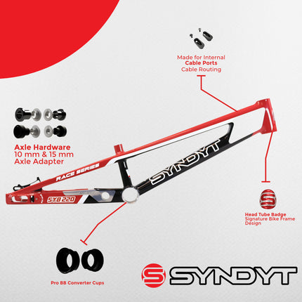 Syndyt 220 Pro 3XL BMX Racing Bike Frame – 22” Top Tube, 6061-T6 Aluminum (4.15 lbs), Tapered 42/52 Head Tube, B52 Tech BB, 10/15/20mm Hubs, 140mm Disc Brake,  Chain Tensioners – Red Bicycle Frame