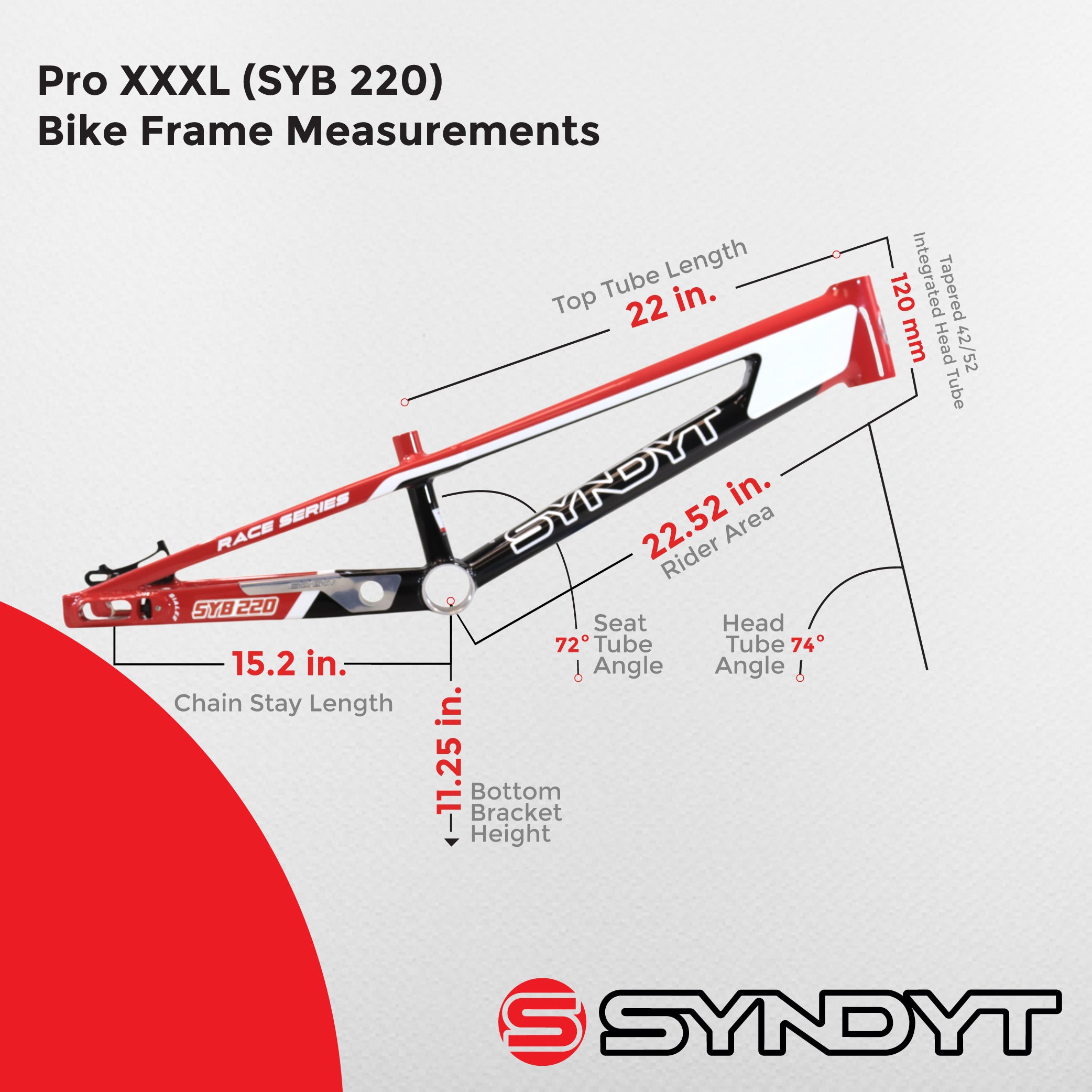 Syndyt 220 Pro 3XL BMX Racing Bike Frame – 22” Top Tube, 6061-T6 Aluminum (4.15 lbs), Tapered 42/52 Head Tube, B52 Tech BB, 10/15/20mm Hubs, 140mm Disc Brake,  Chain Tensioners – Red Bicycle Frame