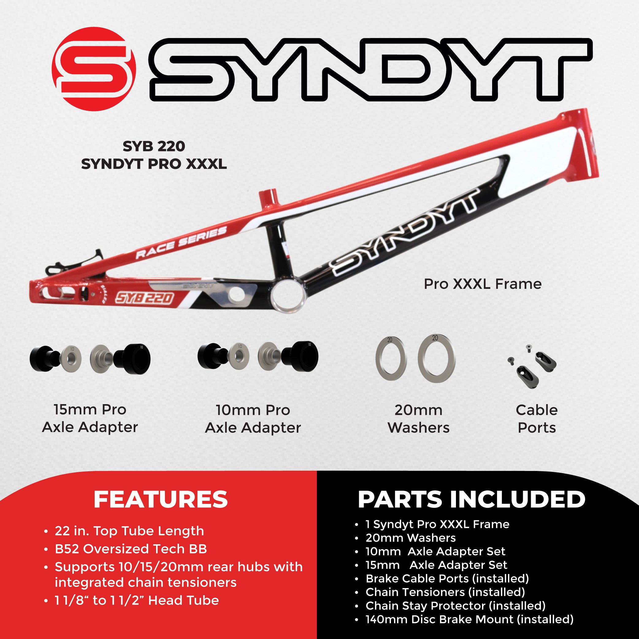 Syndyt 220 Pro 3XL BMX Racing Bike Frame – 22” Top Tube, 6061-T6 Aluminum (4.15 lbs), Tapered 42/52 Head Tube, B52 Tech BB, 10/15/20mm Hubs, 140mm Disc Brake,  Chain Tensioners – Red Bicycle Frame