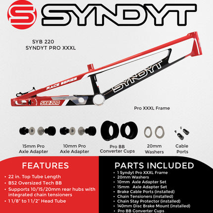 Syndyt 220 Pro 3XL BMX Racing Bike Frame – 22” Top Tube, 6061-T6 Aluminum (4.15 lbs), Tapered 42/52 Head Tube, B52 Tech BB, 10/15/20mm Hubs, 140mm Disc Brake,  Chain Tensioners – Red Bicycle Frame