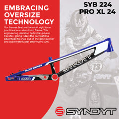 Syndyt 224 Pro XL 24 BMX Cruiser Bike Frame – 22” Top Tube, 6061-T6 Aluminum (4.30 lbs), Tapered 42/52 Head Tube, B52 Tech BB, 10/15/20mm Hubs, 140mm Disc Brake,  Chain Tensioners – Blue Bicycle Frame