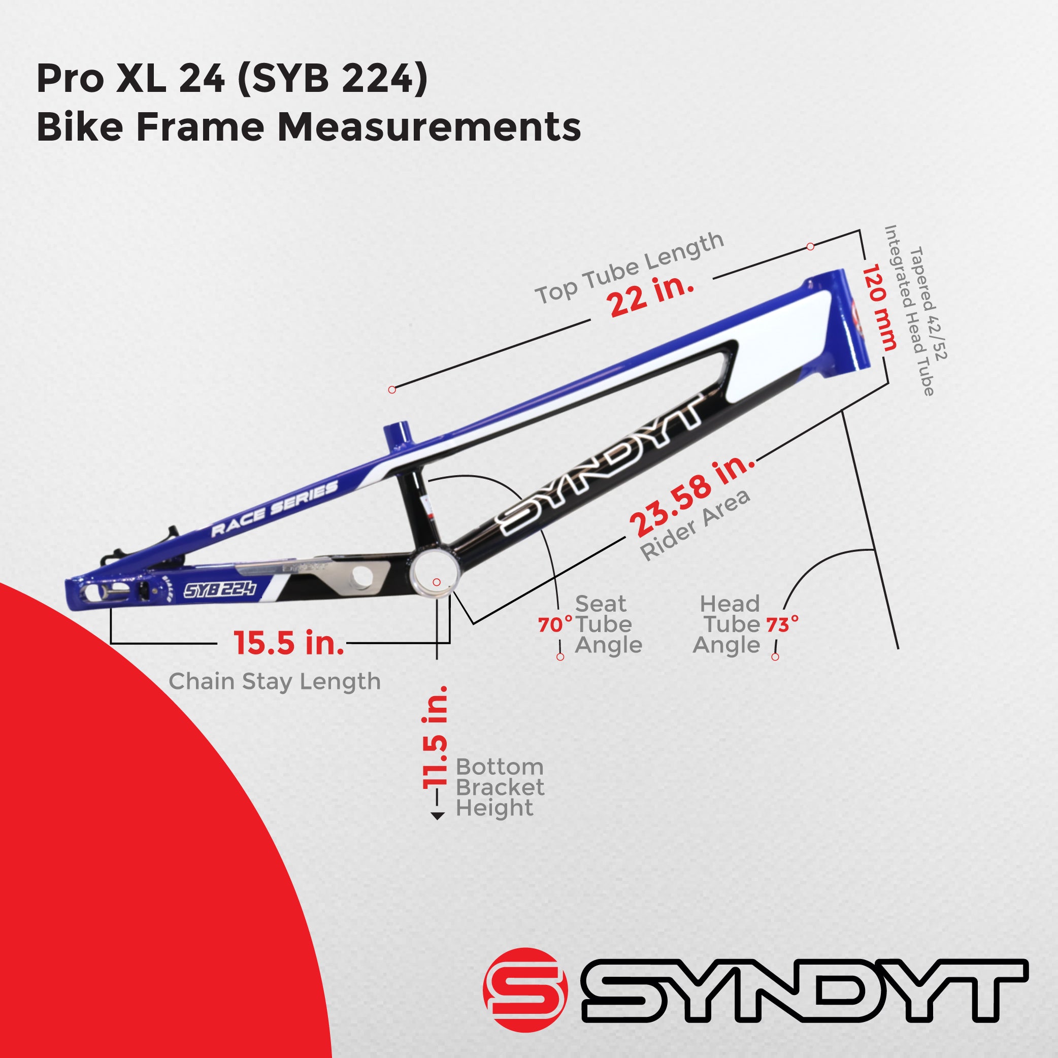Syndyt 224 Pro XL 24 BMX Cruiser Bike Frame – 22” Top Tube, 6061-T6 Aluminum (4.30 lbs), Tapered 42/52 Head Tube, B52 Tech BB, 10/15/20mm Hubs, 140mm Disc Brake,  Chain Tensioners – Blue Bicycle Frame
